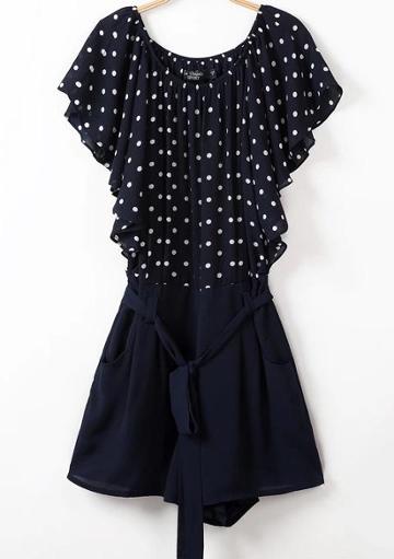 Shein Navy Short Sleeve Polka Dot Chiffon Jumpsuit