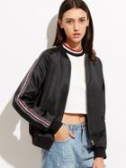 Shein Black Striped Sleeve Zip Up Bomber Jacket