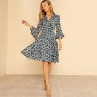 Shein Trumpet Sleeve Surplice Wrap Floral Dress