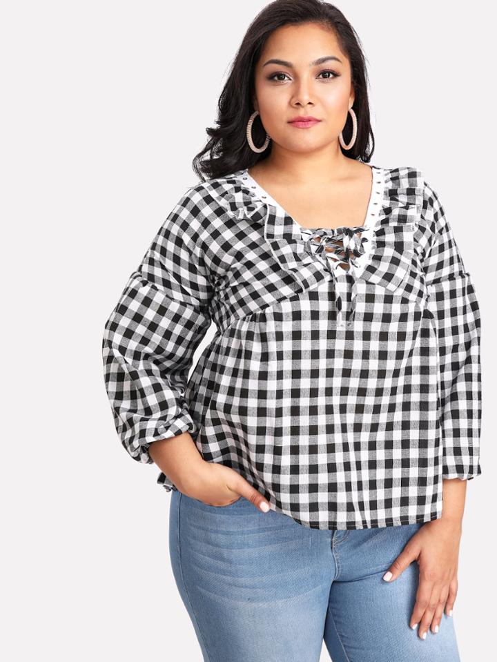 Shein Eyelet Lace Up Checked Tee