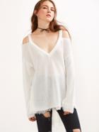 Shein White Cold Shoulder Waffle Knit High Low Sweater