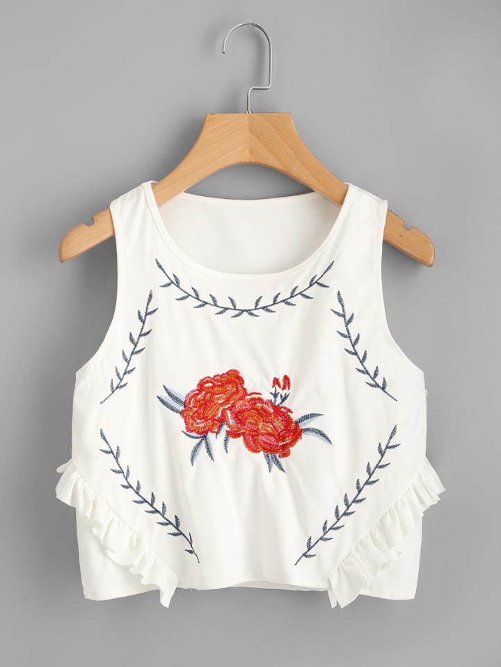 Shein Frill Trim Embroidered Crop Tank Top