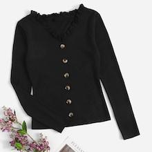 Shein Frilled Neck Ribbed Button Tee