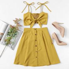 Shein Knot Front Pleated Cami With Skirt