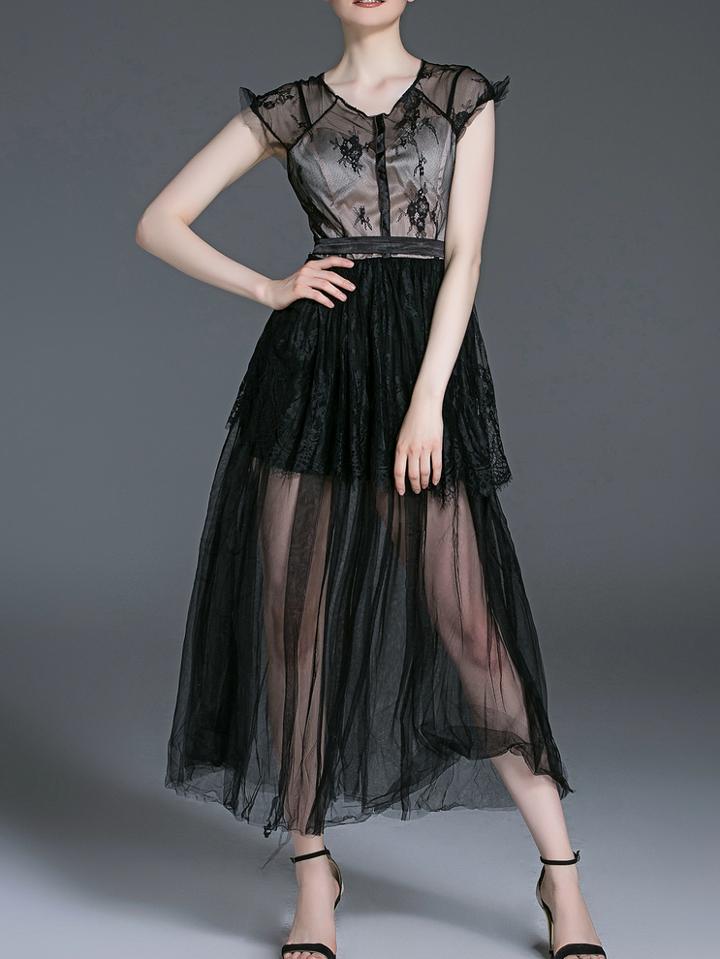 Shein Black Gauze Contrast Lace Sheer Dress
