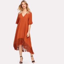 Shein Knot Fringe Trim Dip Hem Swing Dress
