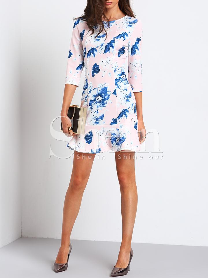 Shein Multicolour Boat Neck Floral Flounce Hem Dress