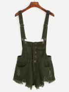 Shein Buttoned Front Raw Hem Overall Denim Shorts - Olive Green