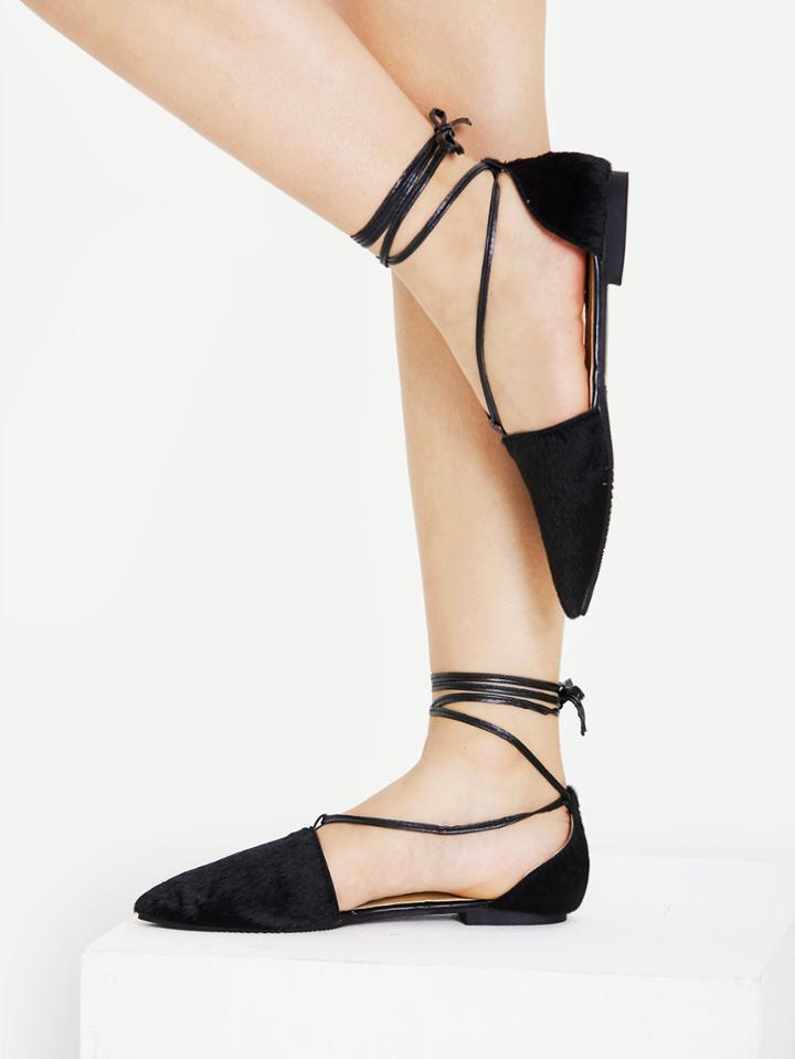 Shein Faux Fur Decorated Tie Leg Flats