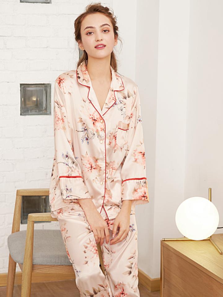 Shein Botanical Print Contrast Binding Shirt & Pants Pj Set