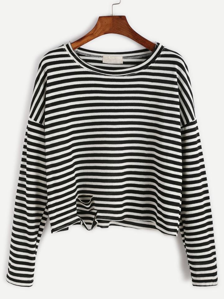 Shein Contrast Striped Drop Shoulder Ripped T-shirt