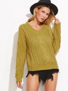 Shein Yellow V Neck Drop Shoulder Cable Knit Sweater