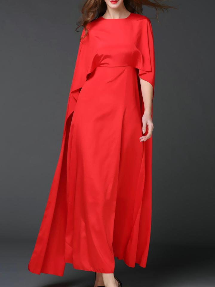 Shein Red Crew Neck Side Draped Maxi Cape Dress