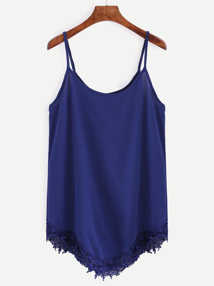 Shein Blue Lace Trim Asymmetric Chiffon Cami Top