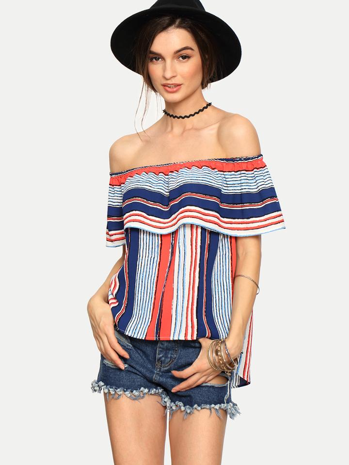 Shein Flounce Layered Neckline Vertical Striped Blouse