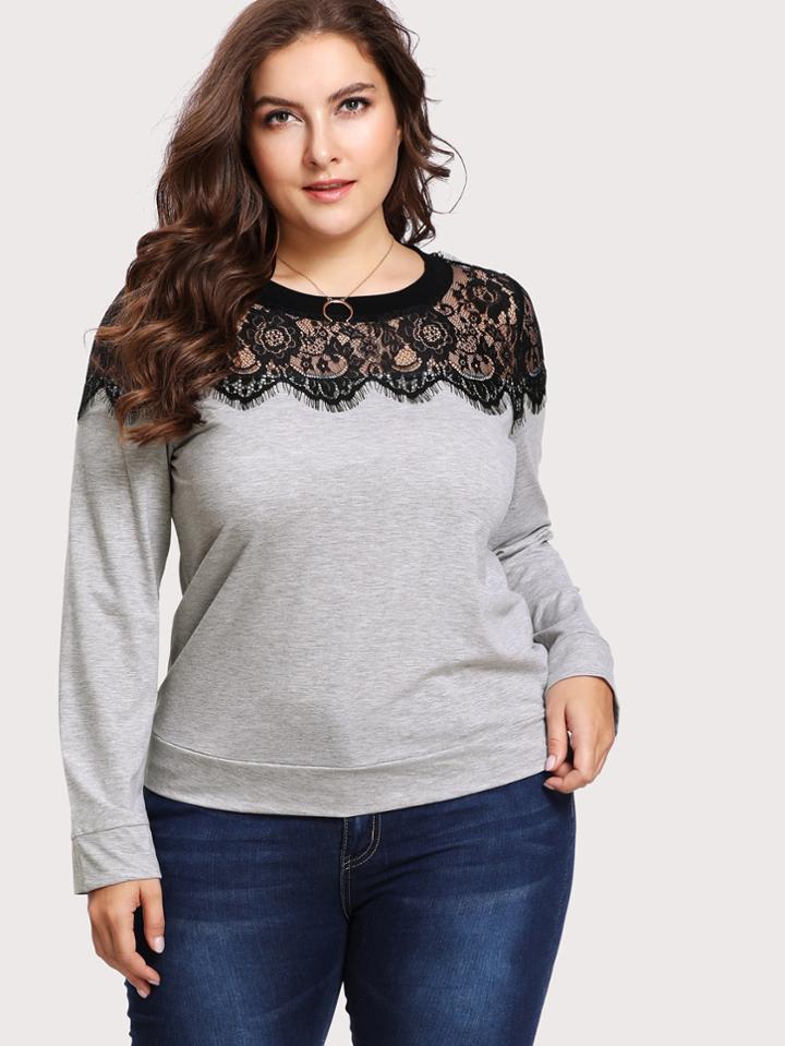 Shein Scalloped Eyelash Lace Yoke Marled Tee