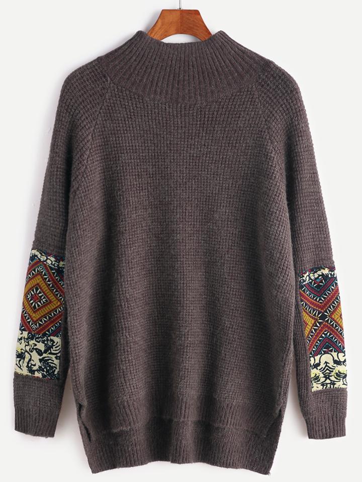 Shein Khaki Mock Neck Raglan Sleeve Patches Sweater