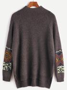 Shein Khaki Mock Neck Raglan Sleeve Patches Sweater