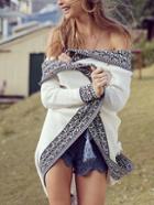 Shein White Long Sleeve Tribal Pattern Coat Sweater