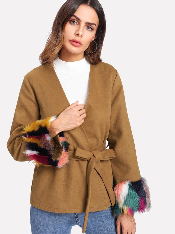Shein Contrast Faux Fur Cuff Self Belted Blazer