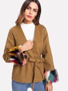 Shein Contrast Faux Fur Cuff Self Belted Blazer