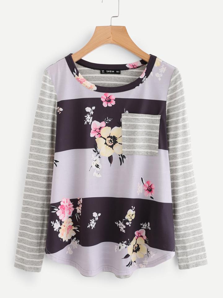 Shein Mixed Print Curved Hem Top