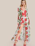 Shein Plunge Neck Cuffed Long Sleeve Maxi Romper