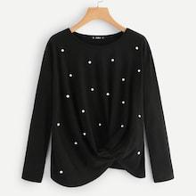 Shein Twist Front Pearls Beaded Tee