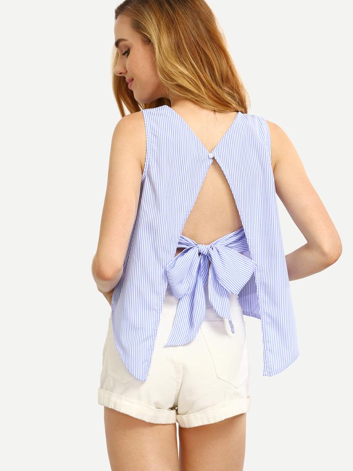 Shein Blue Vertical Striped Slit Tie Back Tank Top