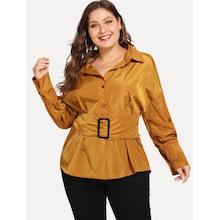 Shein Plus Button Front Belted Collar Solid Coat