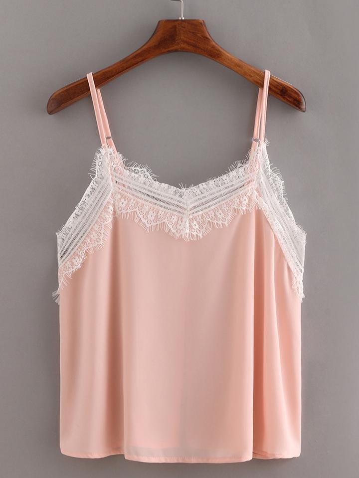 Shein Lace Trimmed Chiffon Cami Top - Pink