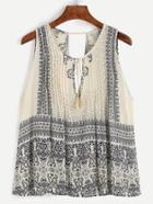 Shein Paisley Print Tie Neck Cut Out Fringe Tank Top