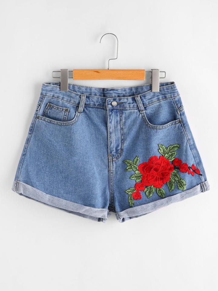 Shein 3d Applique Cuffed Denim Shorts