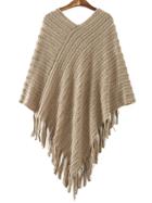 Shein Brown V Neck Striped Patterned Tassel Cape