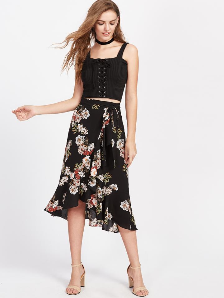 Shein Flower Print Asymmetric Ruffle Wrap Skirt