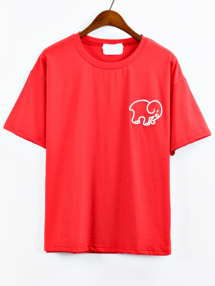 Shein Elephant Embroidered Drop Shoulder T-shirt - Red