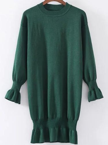 Shein Dark Green Ruffle Detail Ribbed Trim Knit Dress
