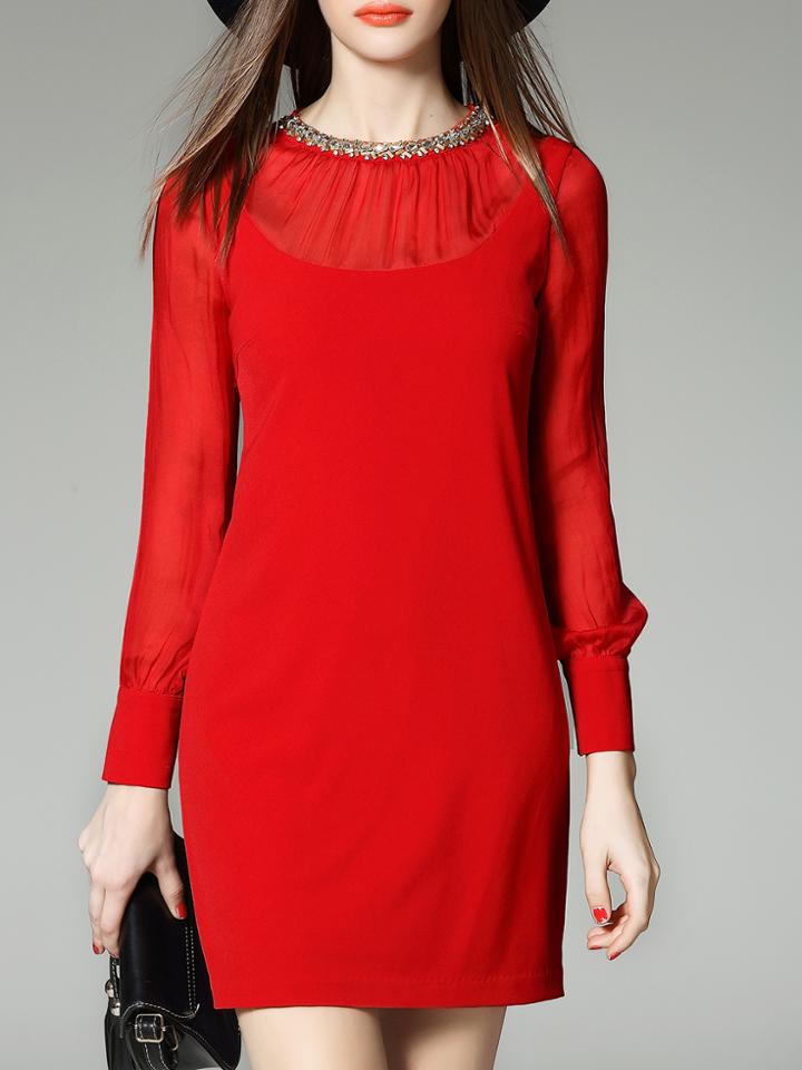 Shein Red Crew Neck Beading Sheath Dress
