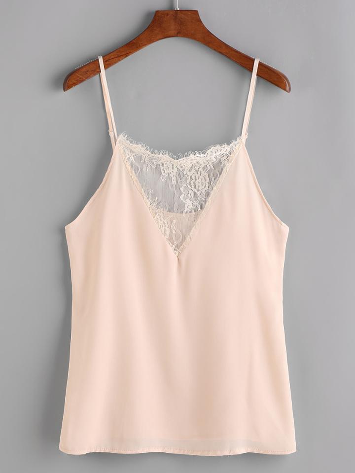 Shein Pink Contrast Eyelash Lace Chiffon Cami Top