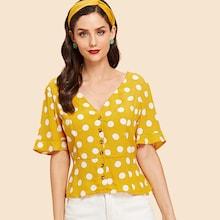 Shein Button Front Polka Dot V-neck Top