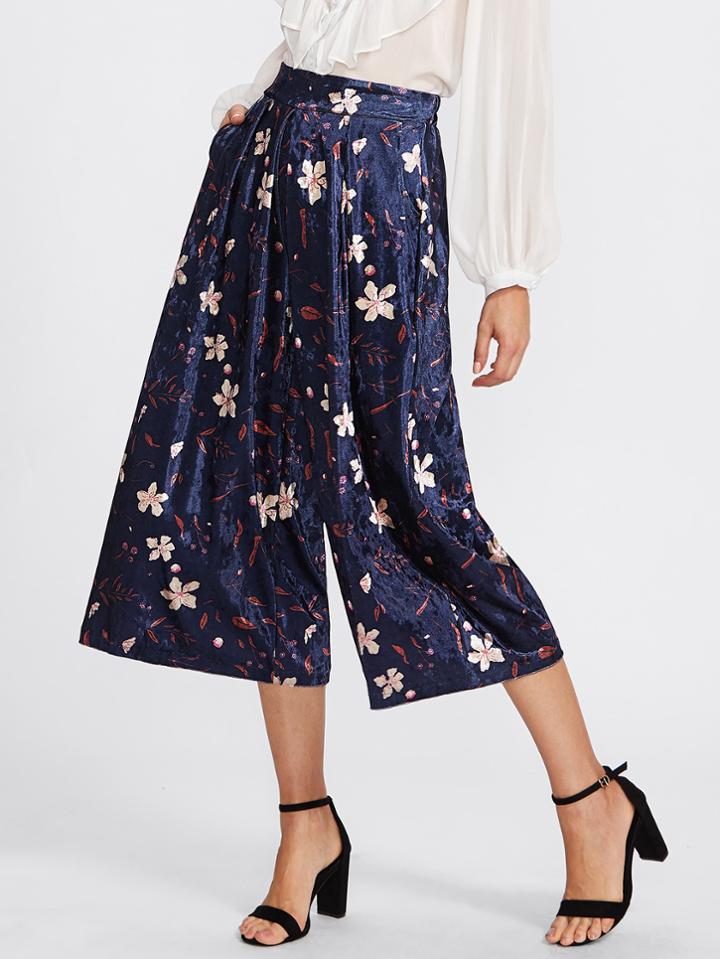 Shein Botanical Print Wide Leg Velvet Pants