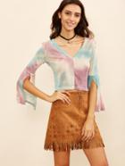 Shein Tie Dye V Neck Split Sleeve Crop T-shirt