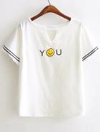 Shein White Smile Face Print Cut Out Fringe Detail T-shirt