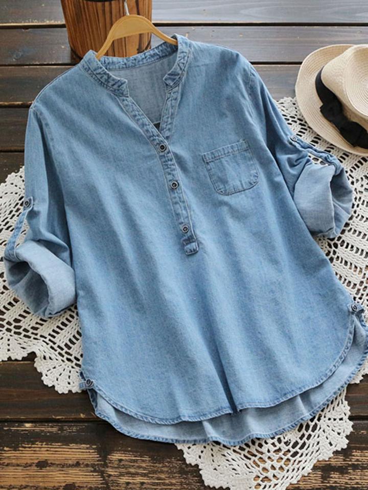 Shein Rolled Sleeve Dip Hem Denim Blouse