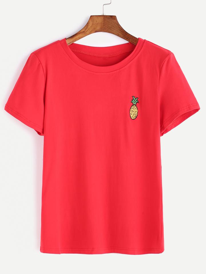 Shein Red Pineapple Embroidered  T-shirt