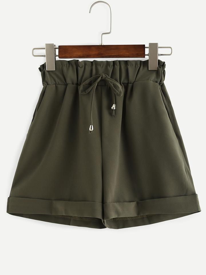 Shein Drawstring Waist Roll Hem Shorts - Olive Green