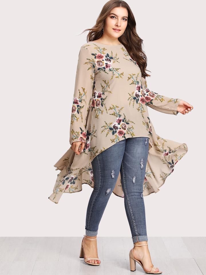 Shein Botanical Print Dip Hem Blouse