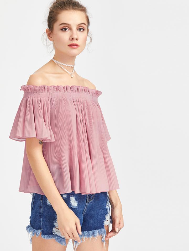 Shein Frilled Off Shoulder Flutter Sleeve Pleated Top