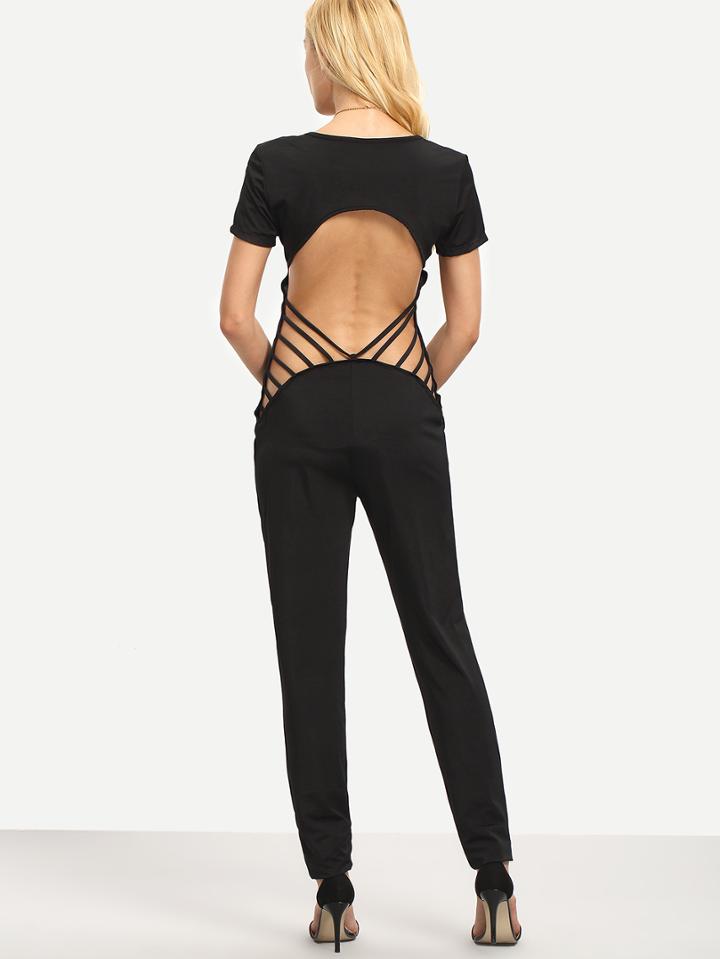 Shein Black Cutout Strappy Back Skinny Jumpsuit