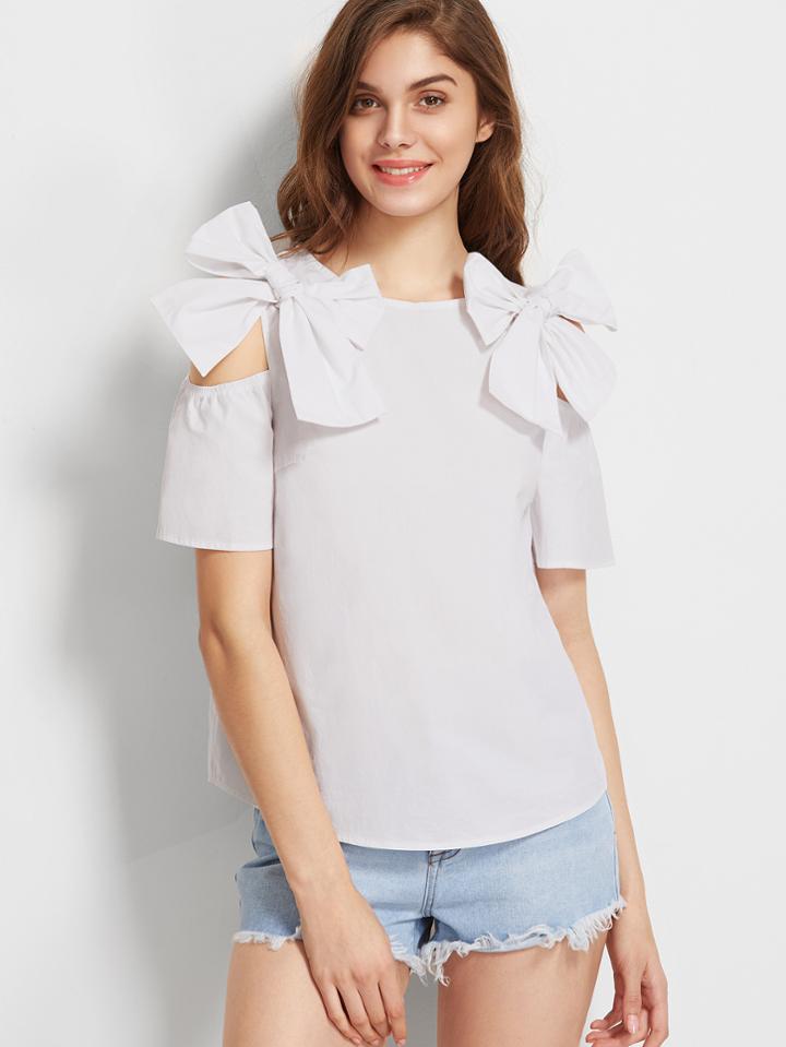 Shein White Bow Embellished Open Shoulder Top
